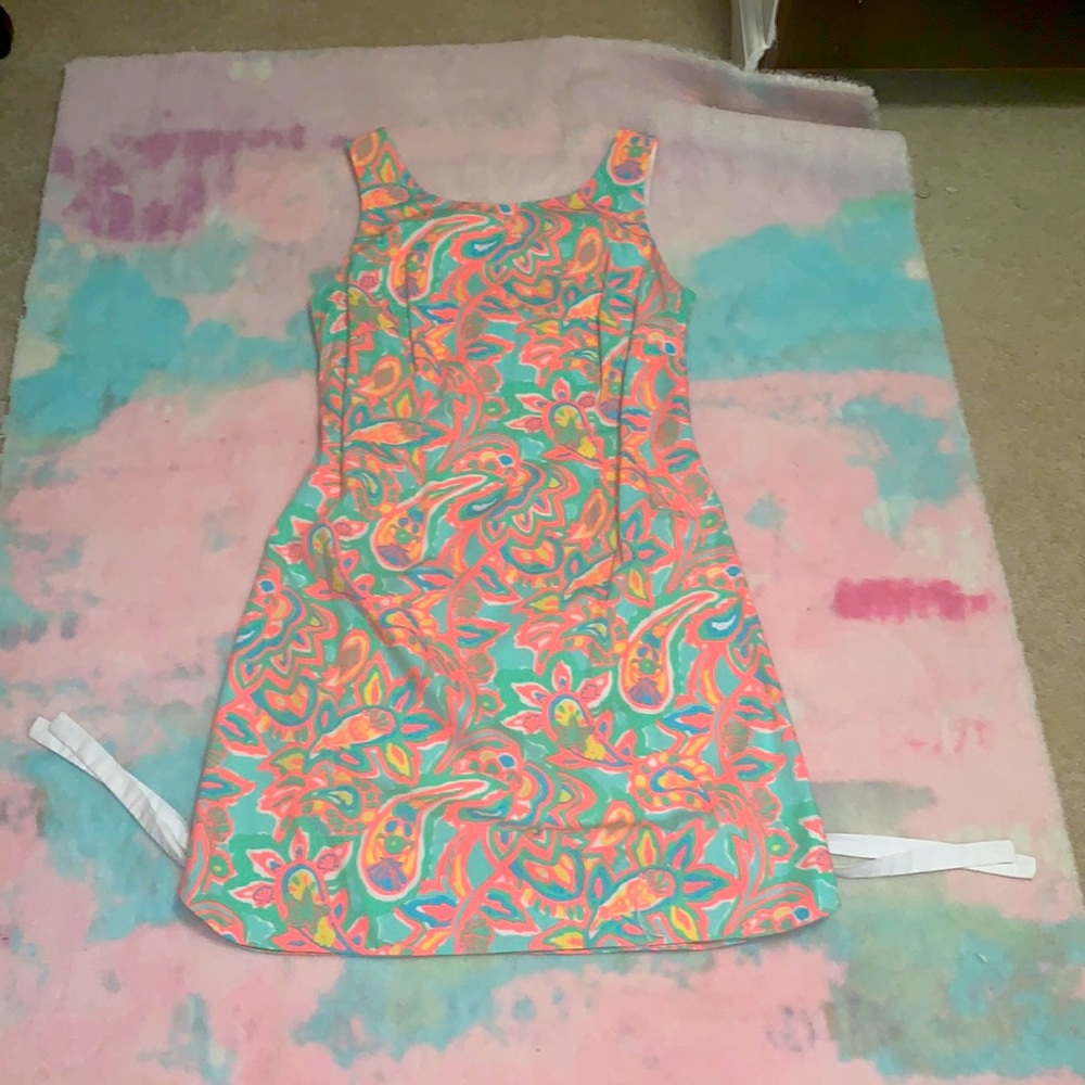 Lilly Pulitzer teal and orange seashell and starfish shift dress with bows, 4